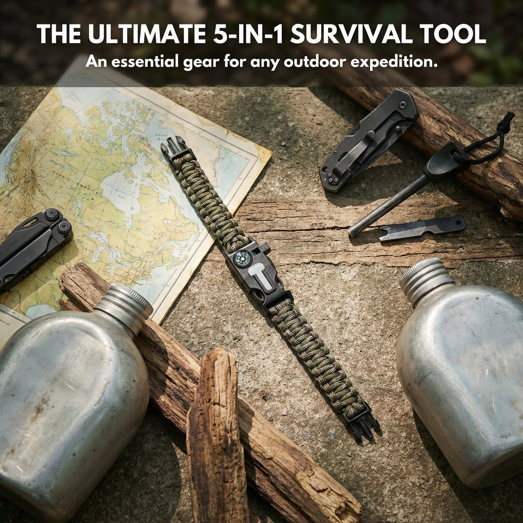 5-in-1 Survival Paracord Bracelet – Compass, Fire Starter & Emergency Whistle