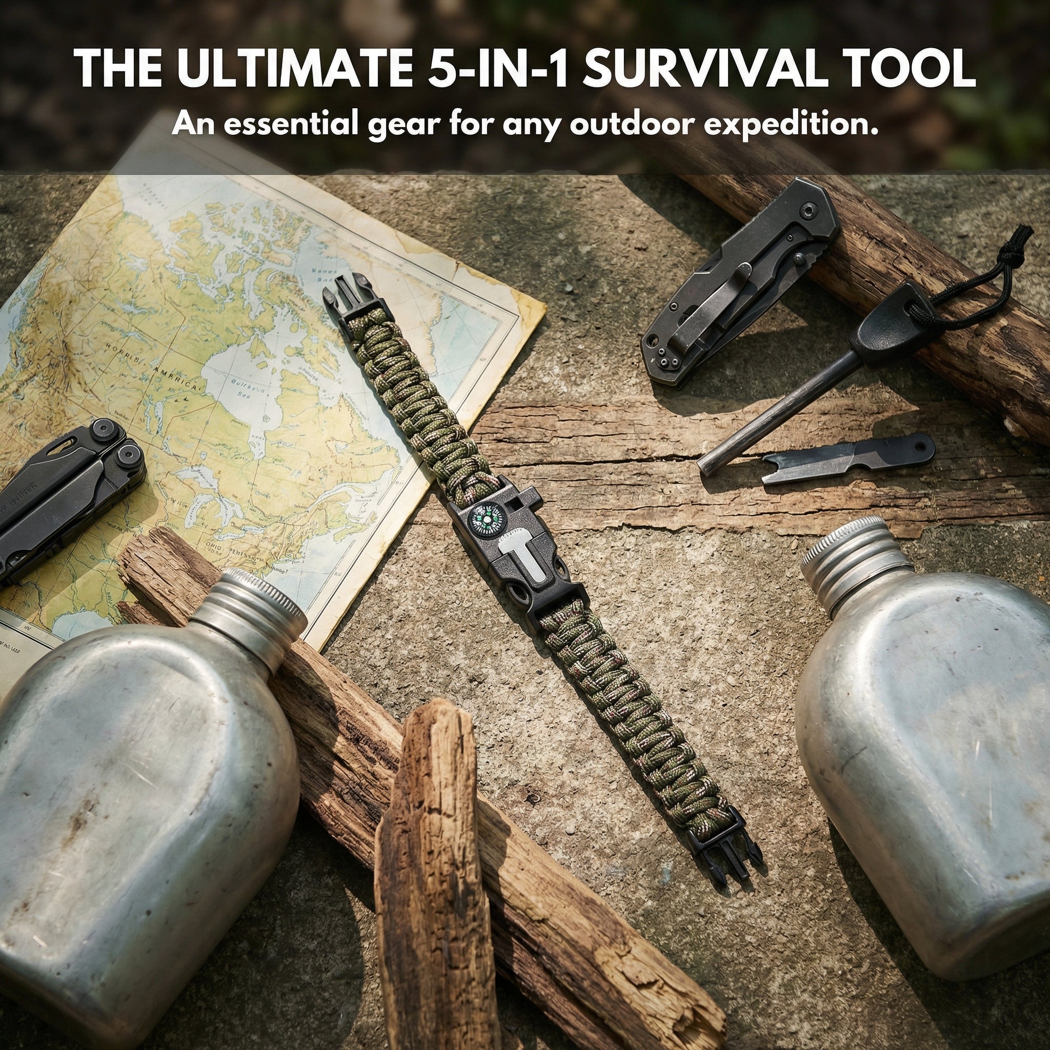 5-in-1 Survival Paracord Bracelet – Compass, Fire Starter & Emergency Whistle